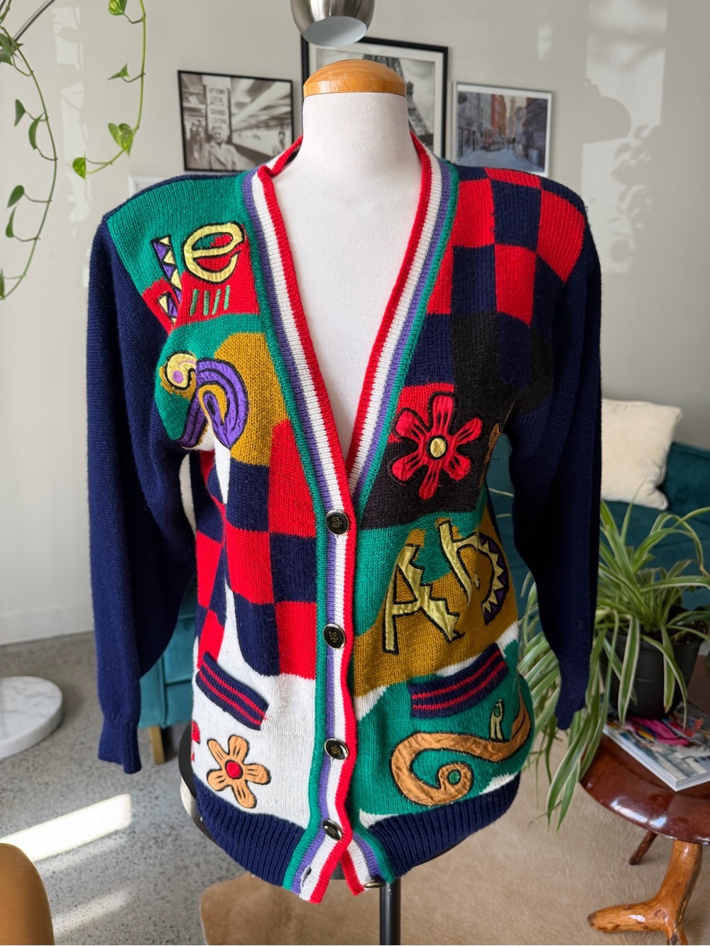 Colorblock Embroidered V-Neck Cardigan Sweater - Navy/Red/Green